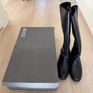 Nearly New ECCO Black Leather Knee-High Boots with Original Box